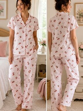 Ella Simone Strawberry Fields 100% Cotton Pajama Set Pink Button Front Size S